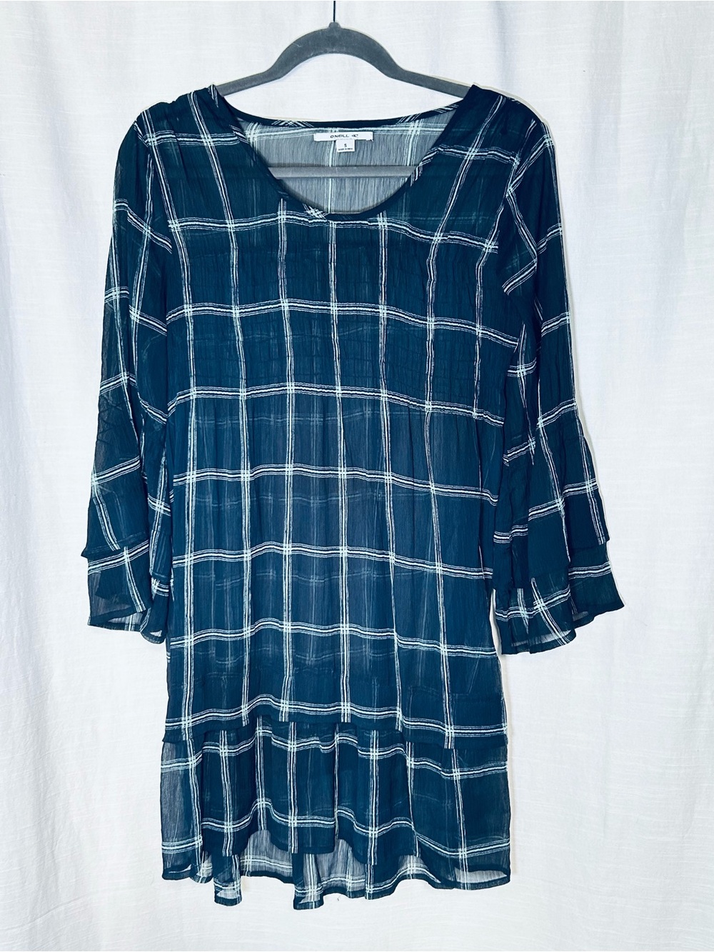 Vintage O'Neill Navy Sheer Blue Plaid Tunic Dress with Double Ruffle Sleeves